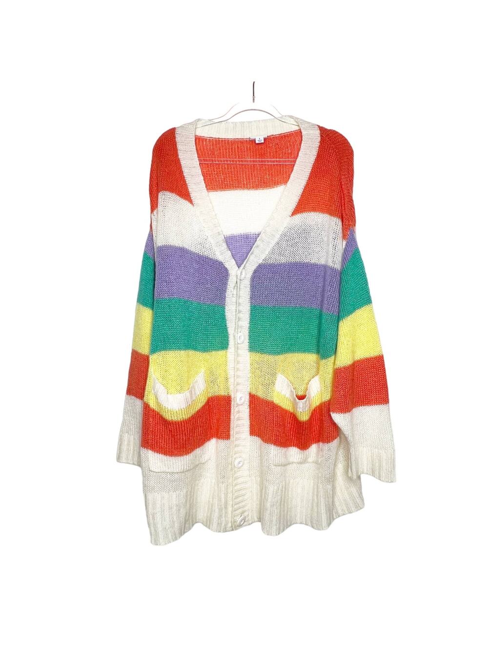LULAROE Lucille Rainbow Striped Oversized Cardigan Sweater Colorblock Size Large